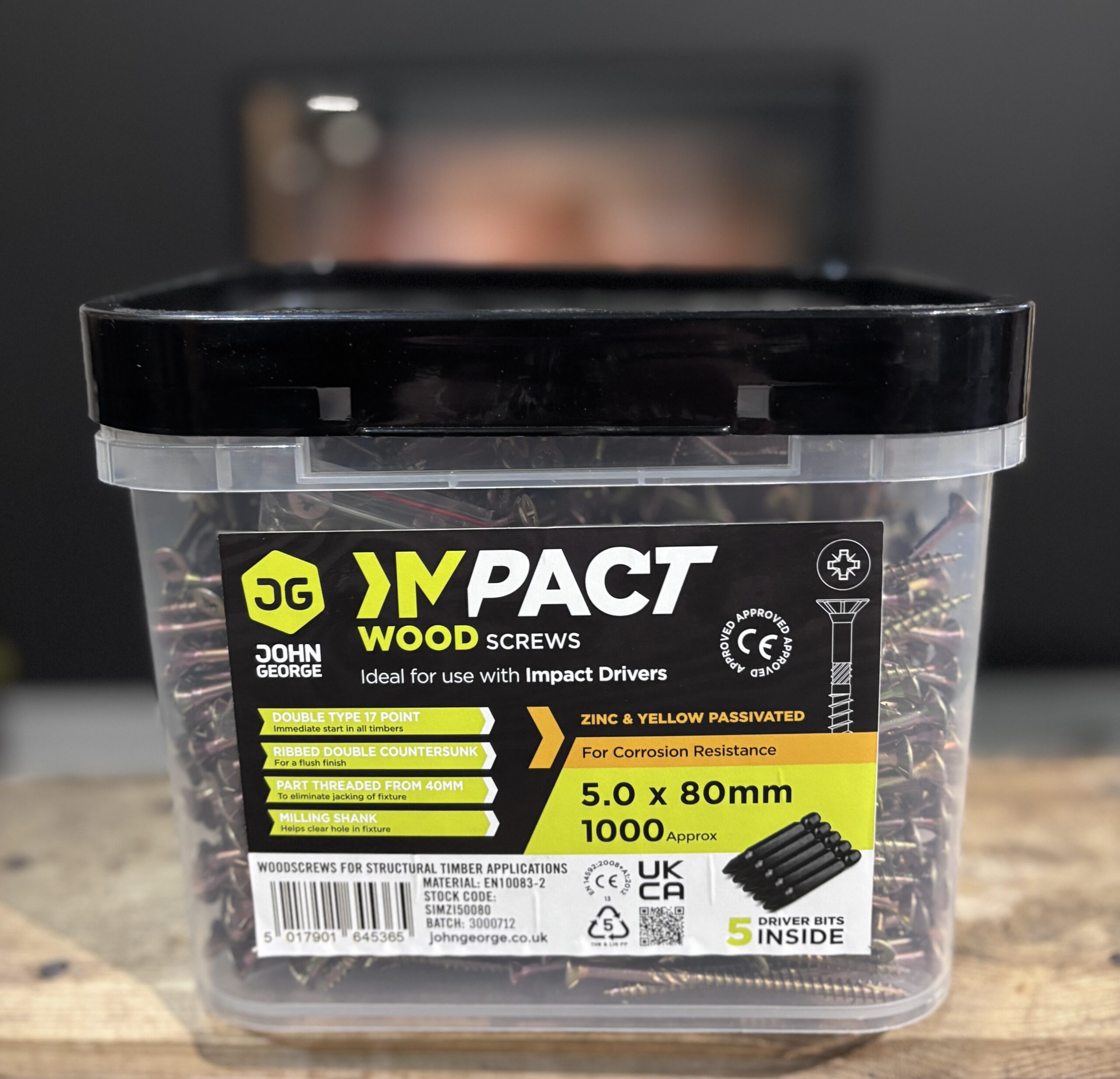 IMPACT WOOD SCREWS – ZINC & YELLOW PASSIVATED – 5.0 × 80MM (TUB ~1000)